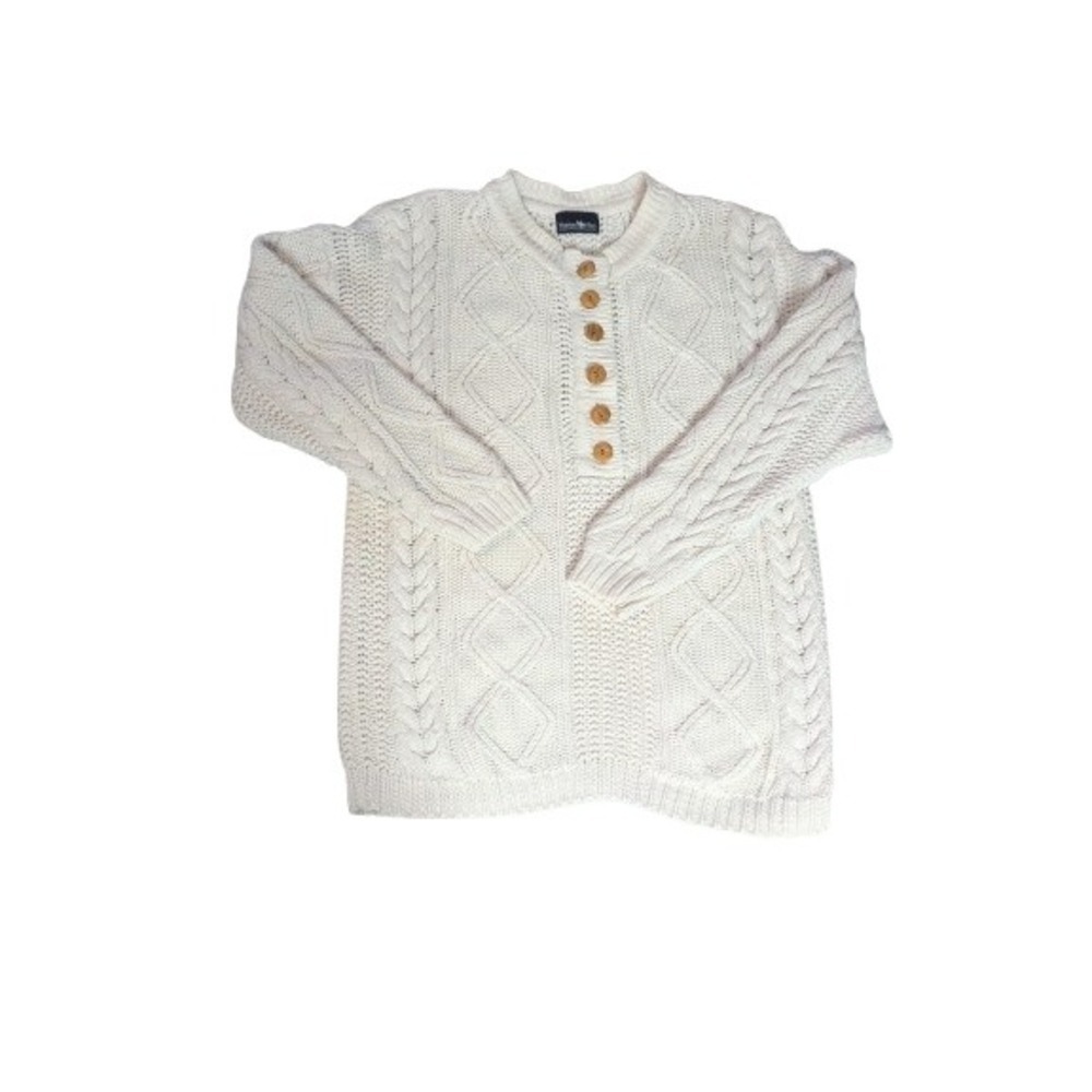 Vintage Hunters Run Cream Cable Knit Henley Sweater Chunky Knit Wooden Buttons